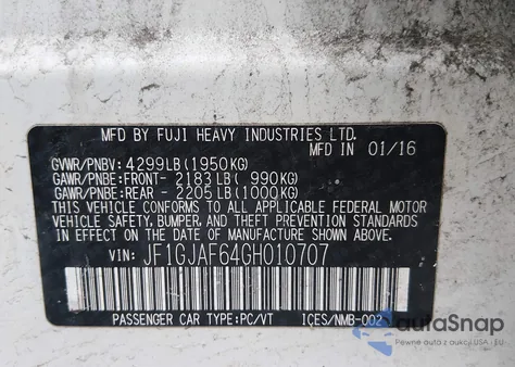 2016 Subaru Impreza 2.0I Premium z USA, uszkodzony, nr VIN JF1GJAF64GH010707